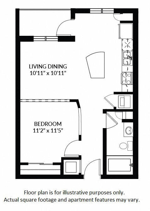 Floor plan for 1 bed, 1 bath, 665 sqft